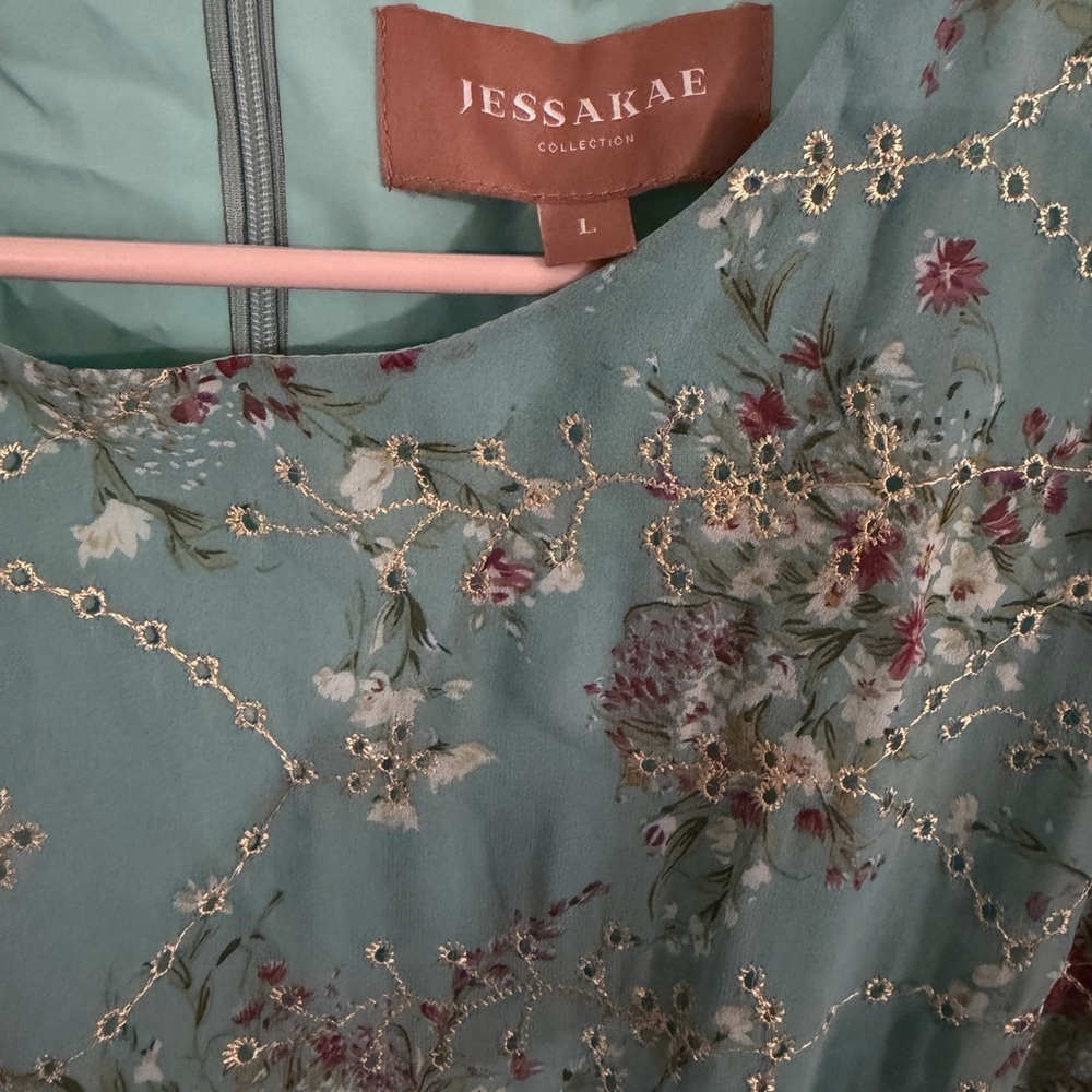 JessaKae Teal Floral Dress with Gold Embroidery - Picture 3 of 3